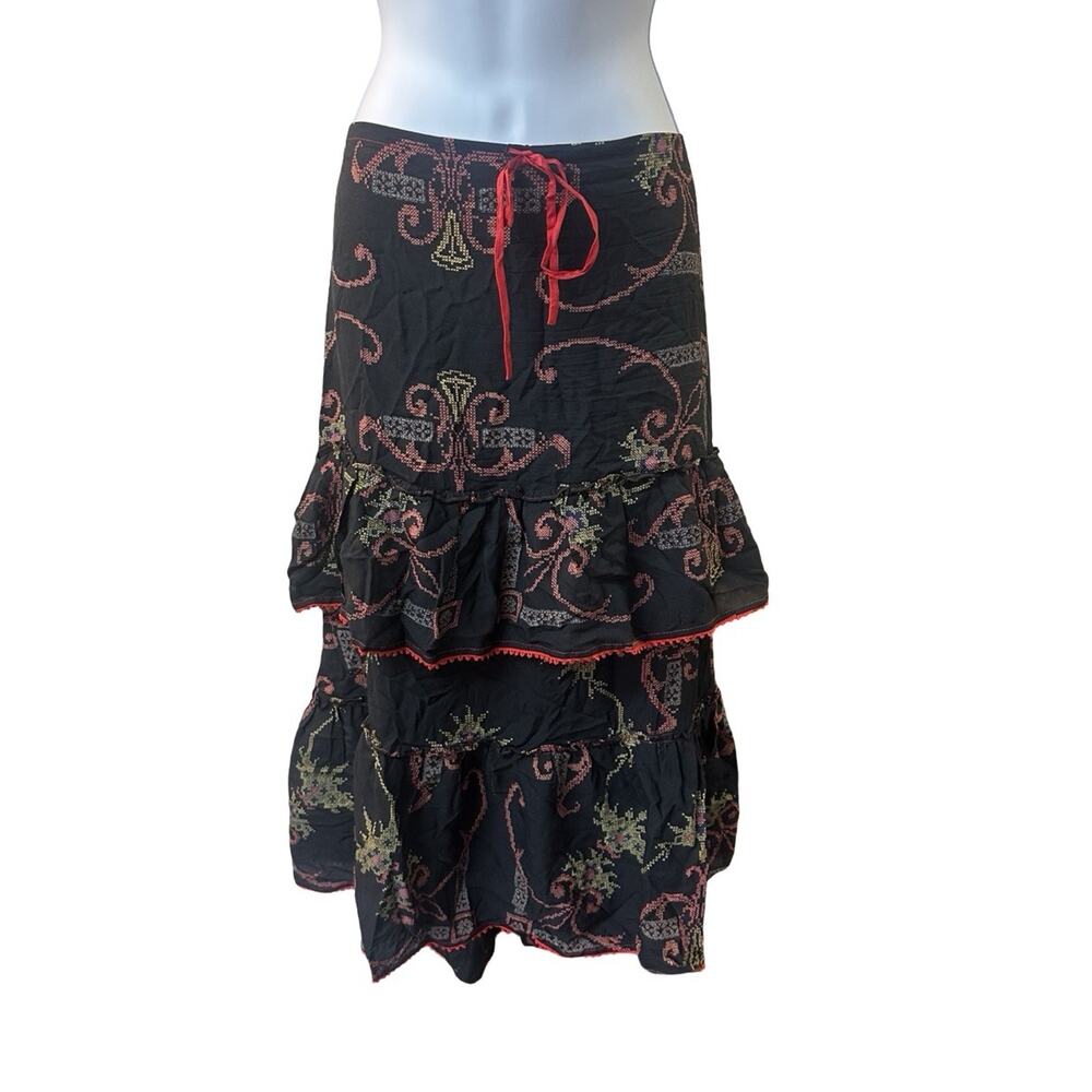 Petro Zillia Black Tiered Ruffle Knee Length Silk Skirt Boho Tie Waist M
